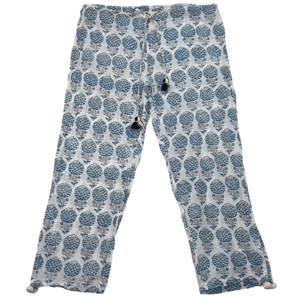 Figue Artisan Block Print Pants SM White Cotton Gauze Boho Tassel Resortwear